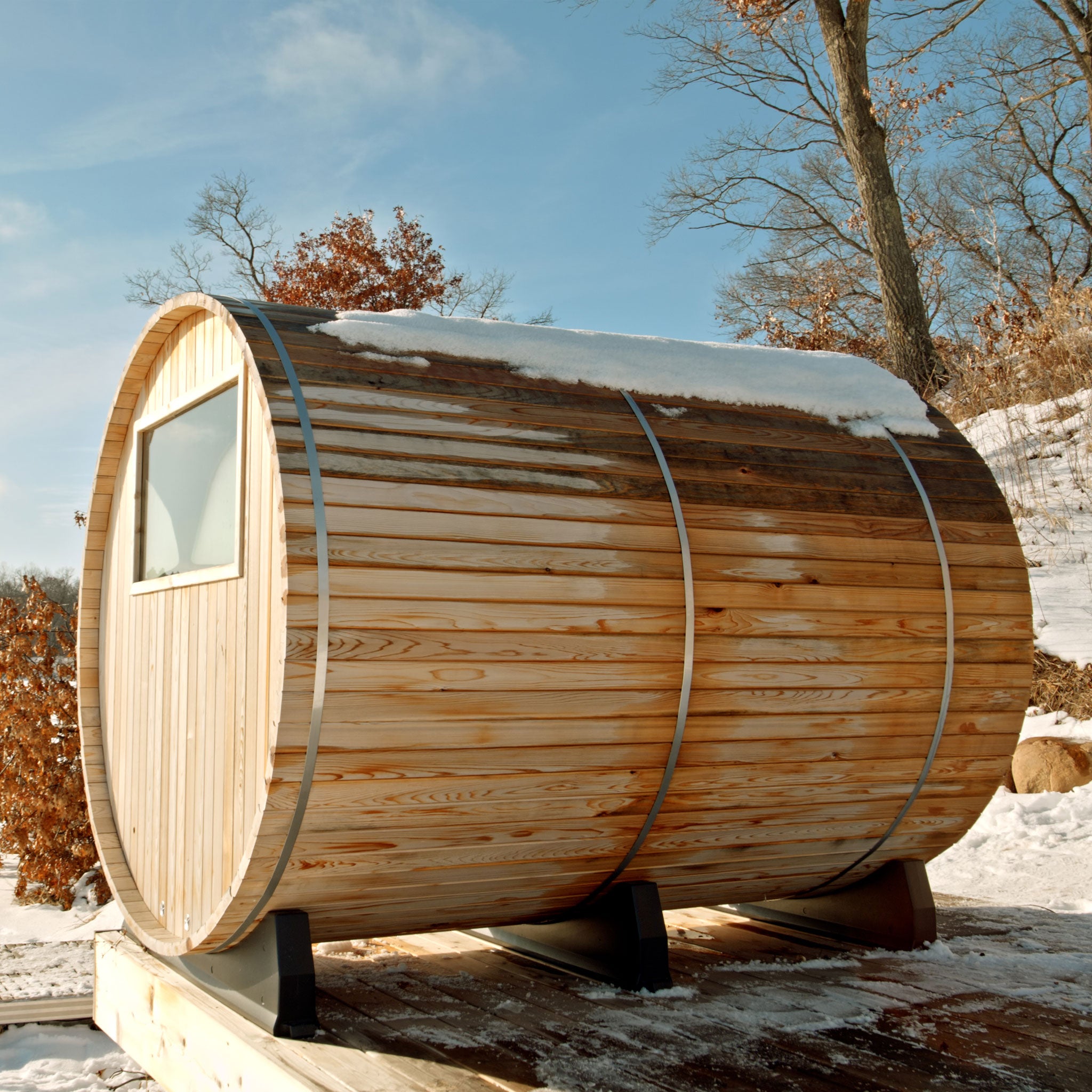 Huntington 4-6 Person Canopy Sauna outside in the snow.